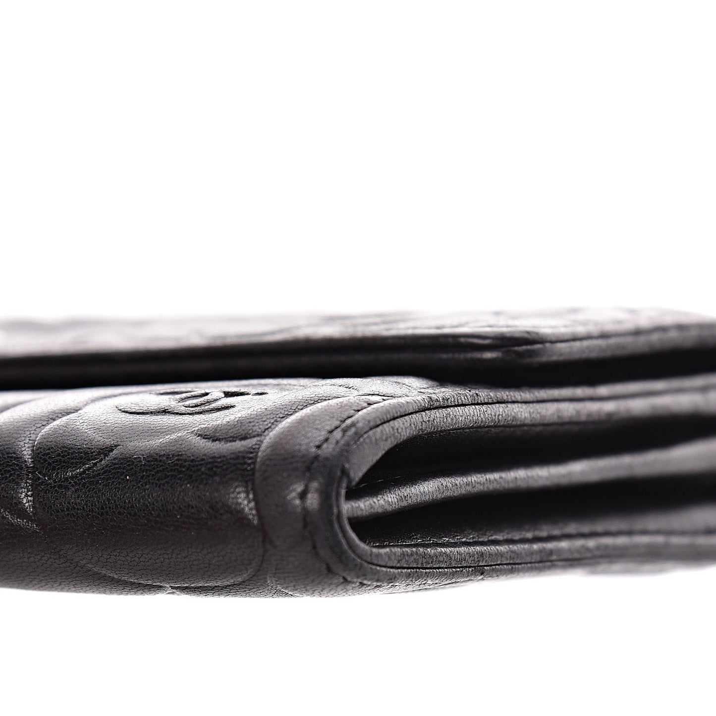 Lambskin Embossed Camellia Large Gusset Flap Wallet Black
