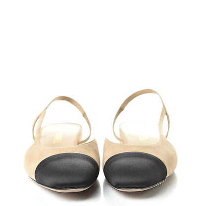 Chanel Kid Suede Satin Cap Toe CC Slingback Pumps 39 Beige Black 2 of 11