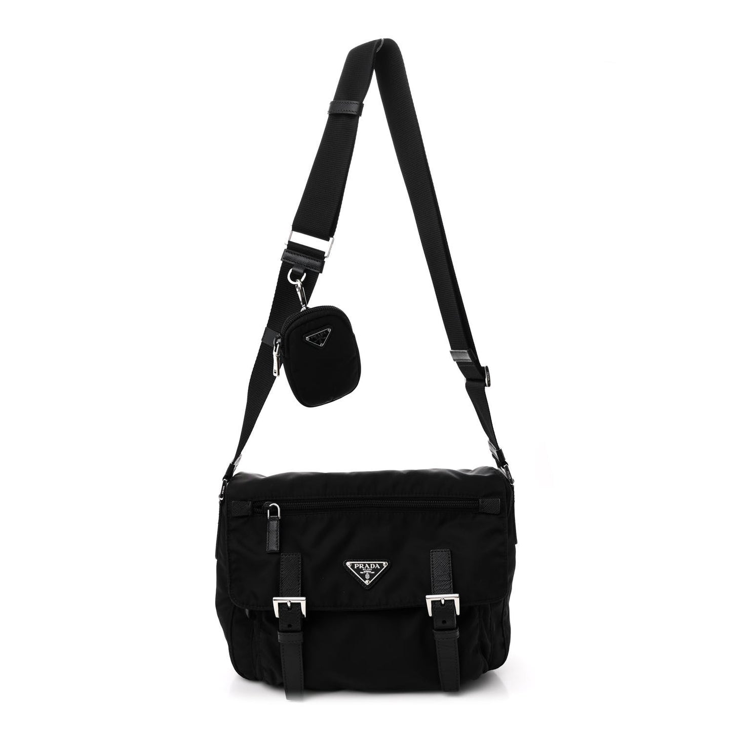 Re-Nylon Vela Saffiano Pocket Double Buckle Messenger Shoulder Bag Black