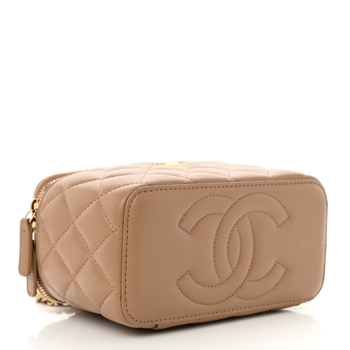 Lambskin Quilted Metal Small Top Handle Vanity Case With Chain Beige