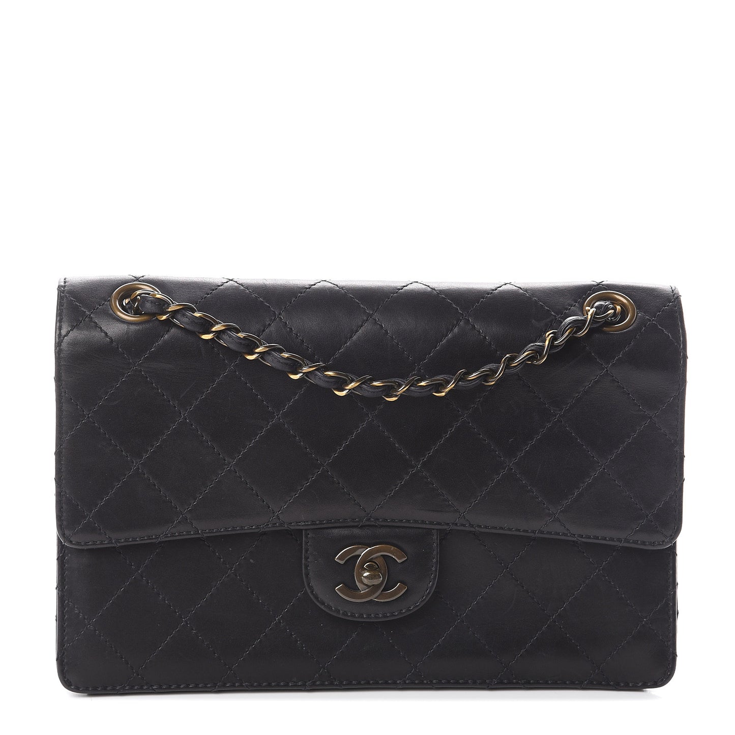 Calfskin Stitched Medium Single Flap Black