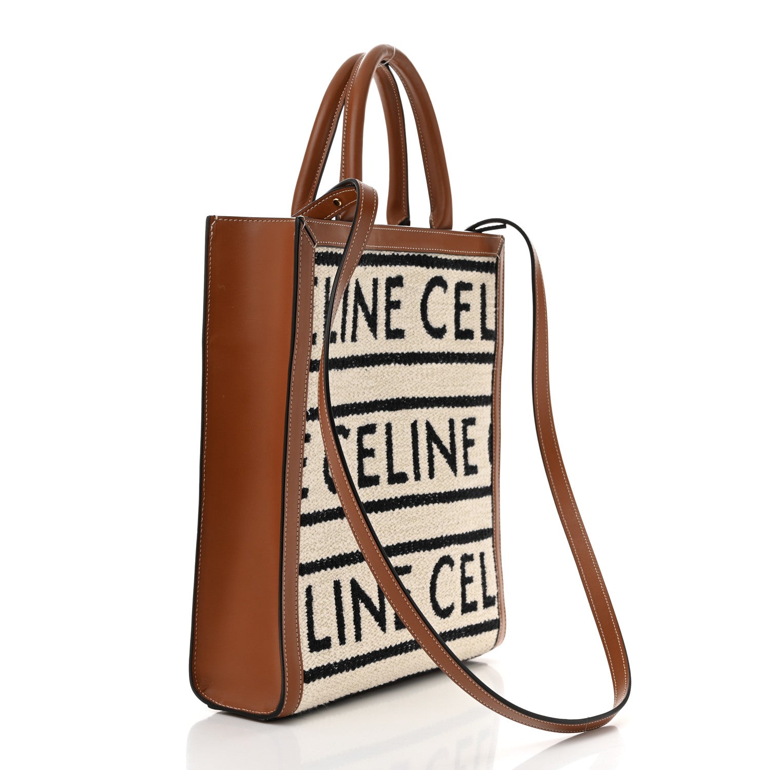 Celine All Over Textile Calfskin Small Vertical Cabas Natural Tan Black 2 of 11