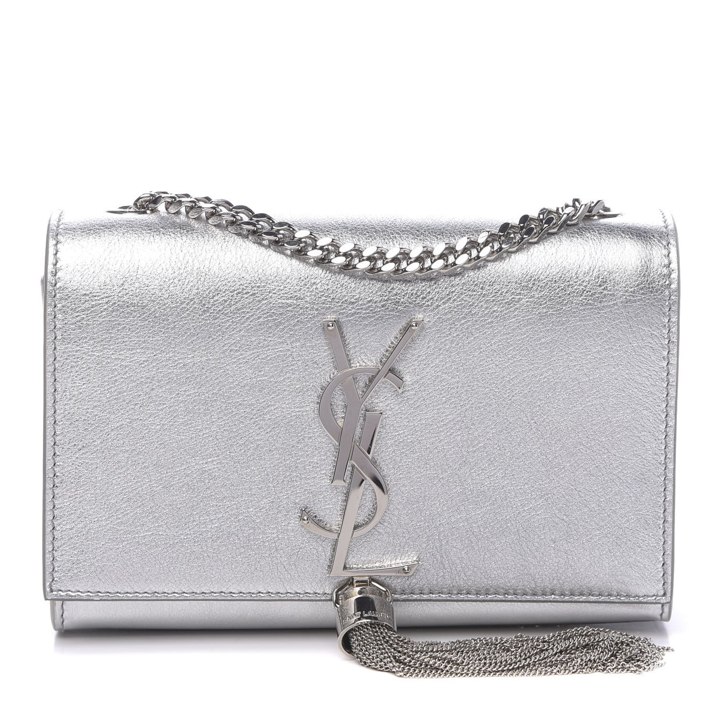 Metallic Calfskin Small Classic Monogram Kate Tassel Satchel Silver