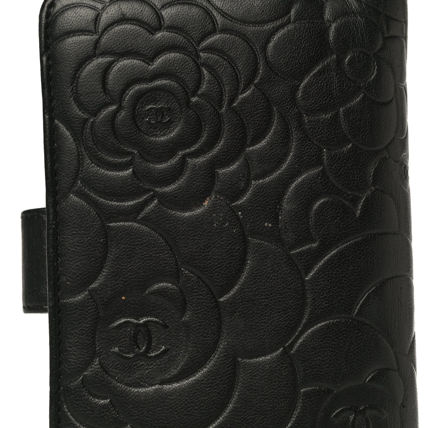 Lambskin Camellia Embossed Zipped Pocket Wallet Black