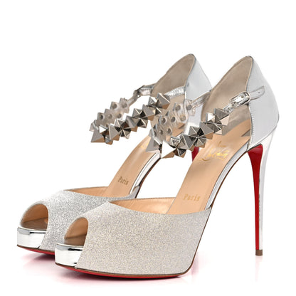 Christian Louboutin Glitter Calfskin Planisfemme 120 Peep Toe Sandals 39.5 Silver 3 of 13