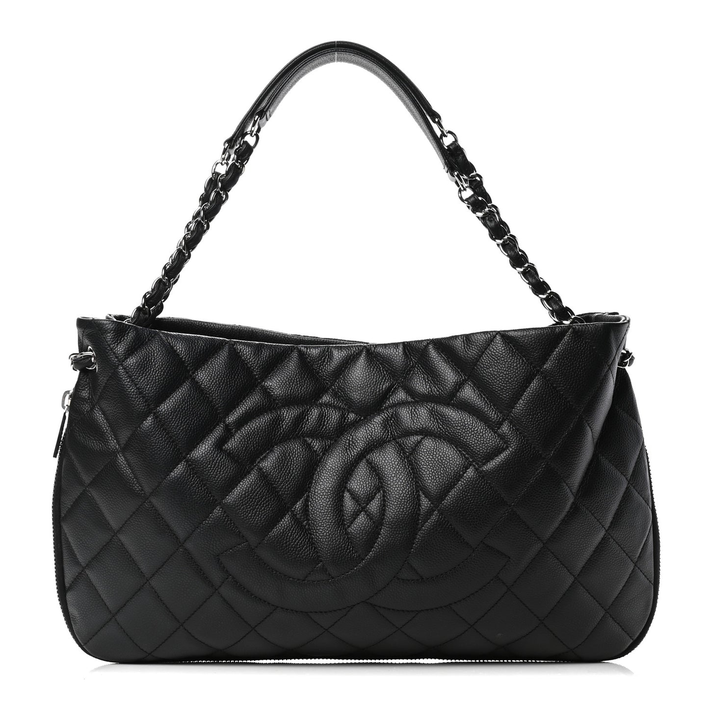Caviar Quilted Expandable Zip Shoulder Bag Black