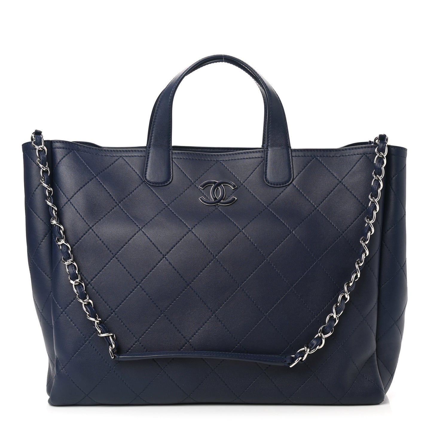 Calfskin Stitched Large Shopping Tote Dark Navy