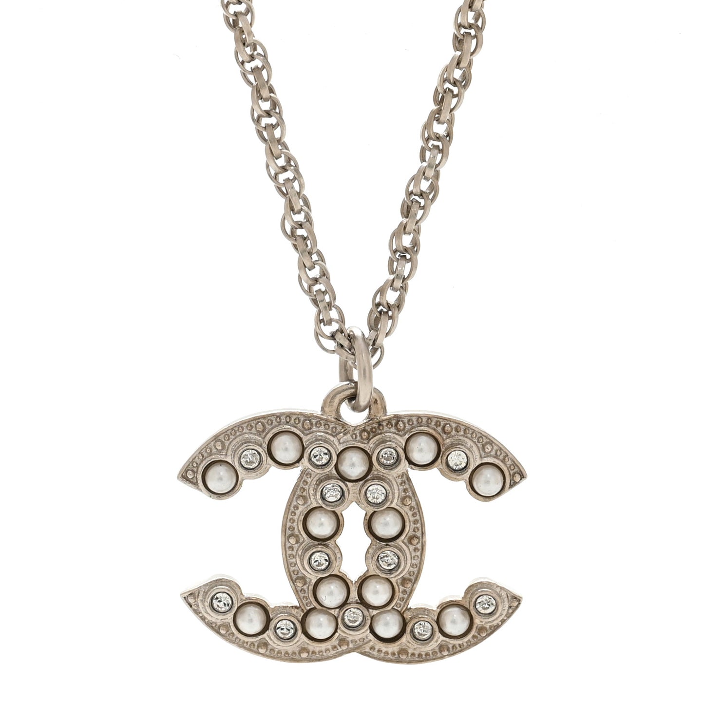 Crystal Pearl CC Pendant Necklace Silver