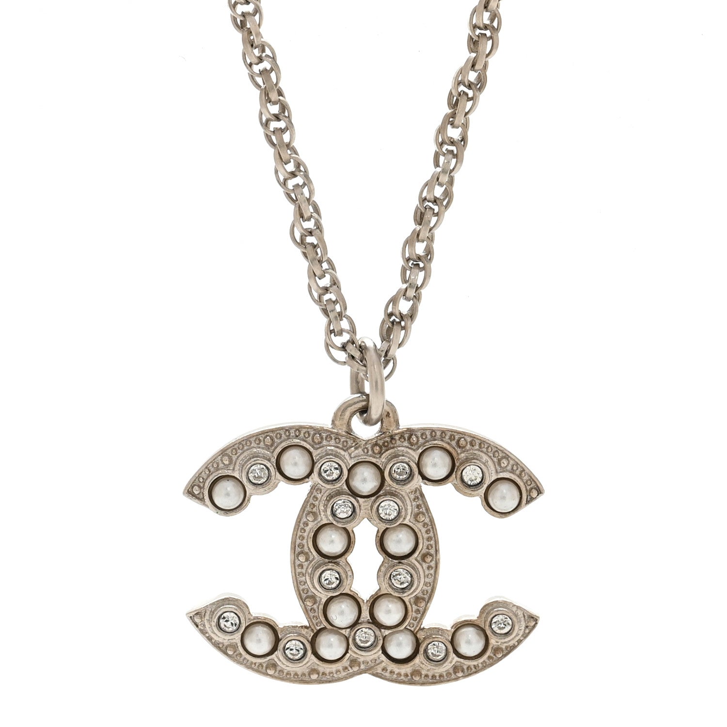 Chanel Crystal Pearl CC Pendant Necklace Silver 4 of 5