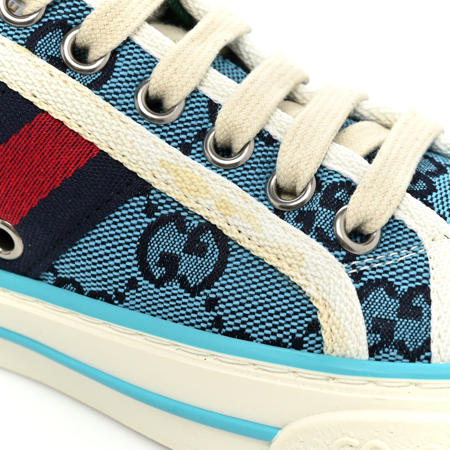 GG Monogram Multicolor Web Womens 1977 Tennis Sneakers 35 Light Blue Mystic White