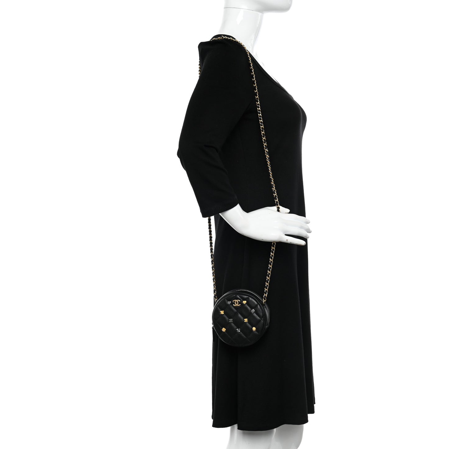 Lambskin Quilted Studded Round Clutch With Chain Black