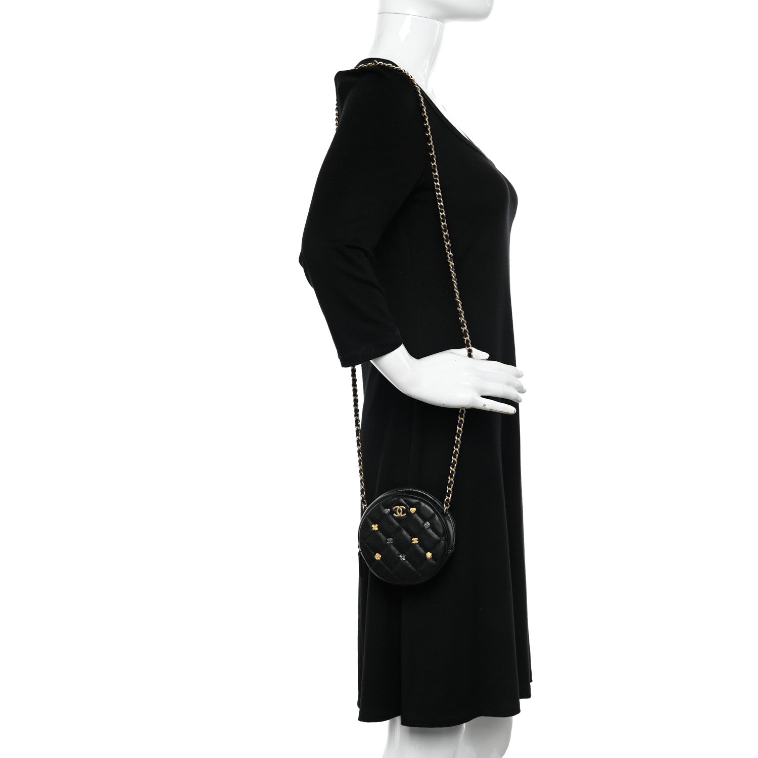 Chanel Lambskin Quilted Studded Round Clutch With Chain Black 2 of 10