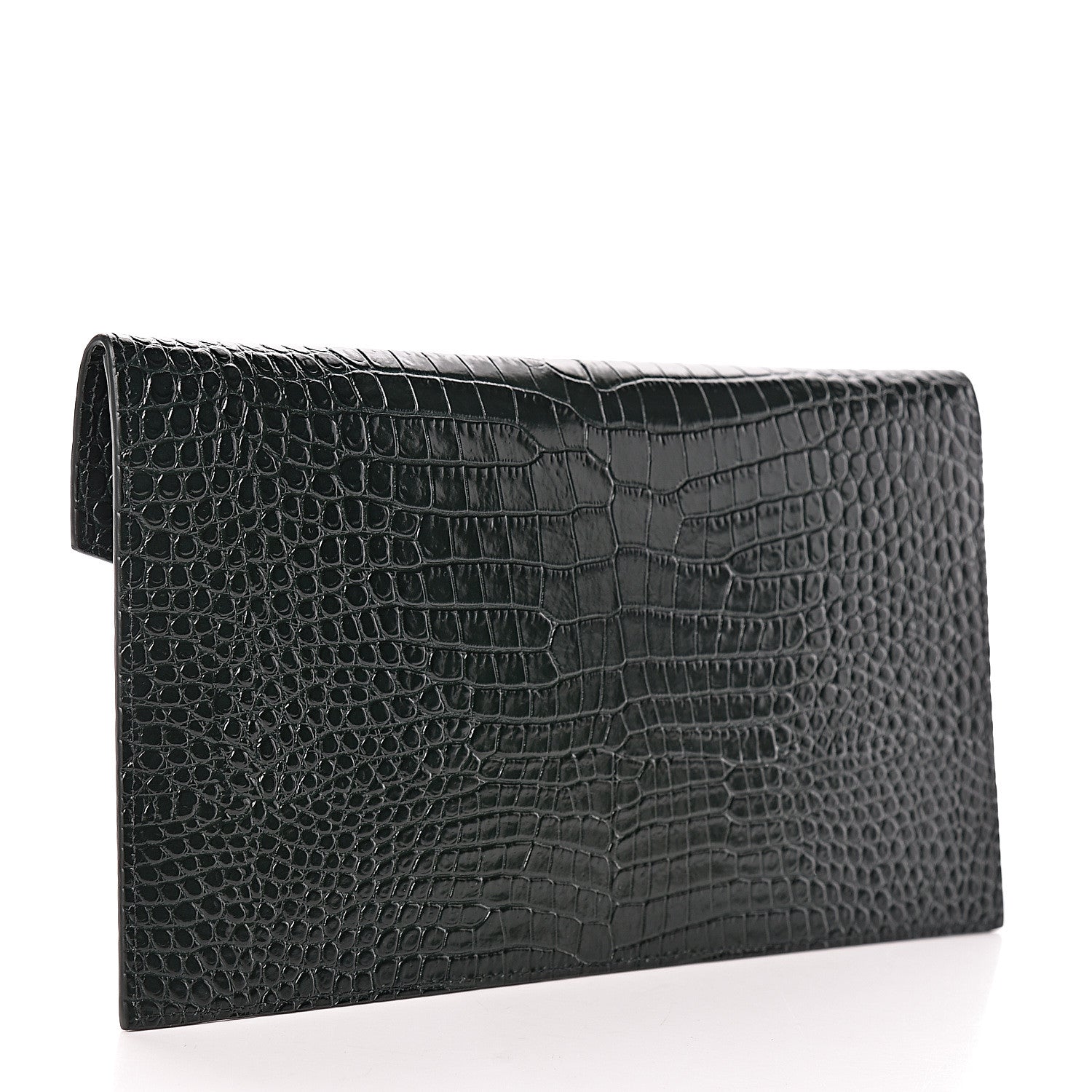 Saint Laurent Calfskin Crocodile Embossed Uptown Monogram Clutch Dark Mint 3 of 7