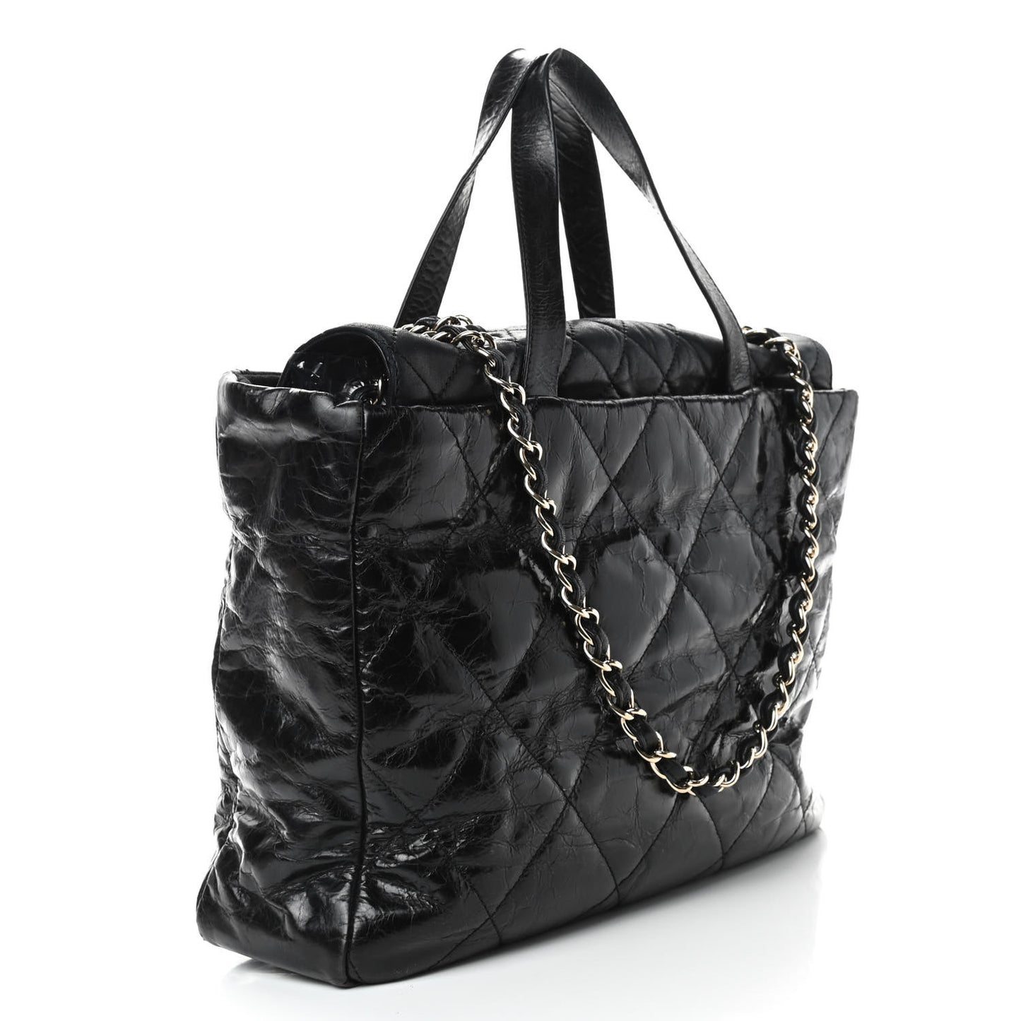 Glazed Calfskin Lambskin Quilted Portobello Tote Black