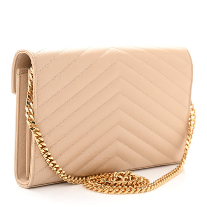 Saint Laurent Grain De Poudre Matelasse Chevron Monogram Chain Wallet Dark Beige 3 of 13
