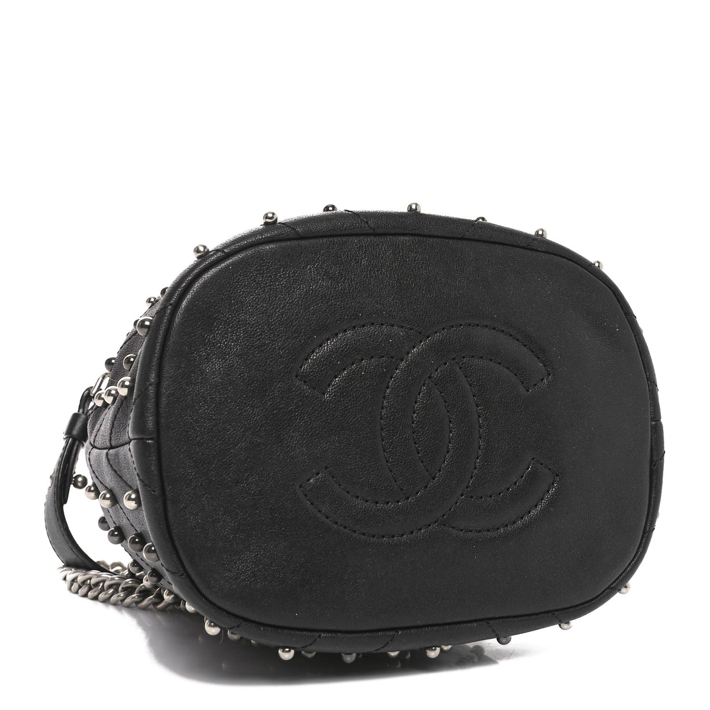 Lambskin Studded Chevron Quilted Small Stud Wars Drawstring Bag Black