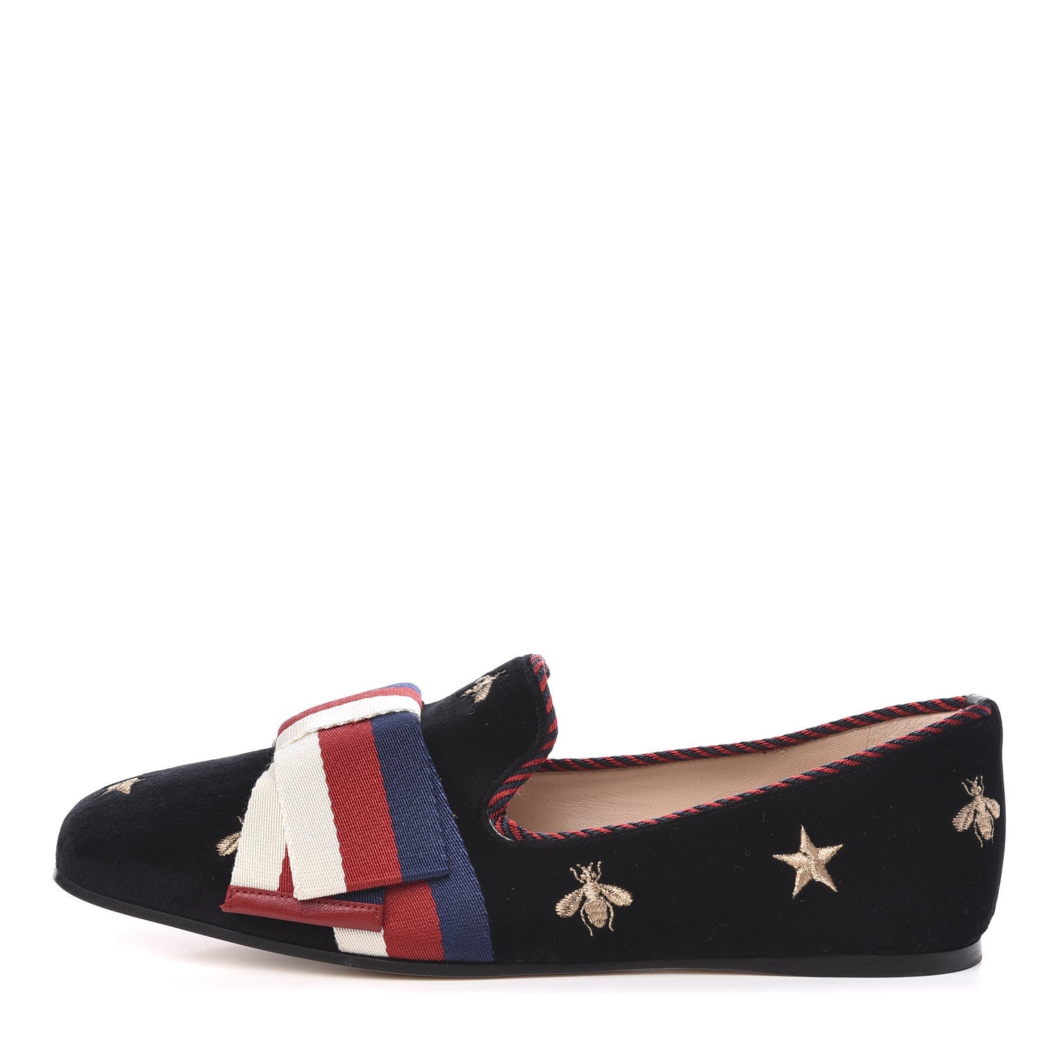 Gucci Velvet Bee Star Embroidered Sylvie Bow Loafers 37.5 Black 1 of 9