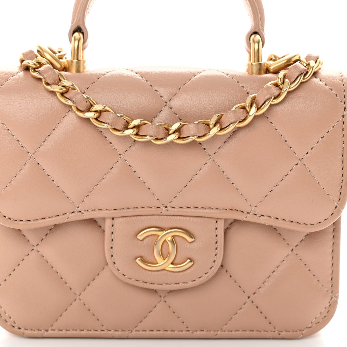 Lambskin Quilted Top Handle Flap Coin Purse With Chain Beige