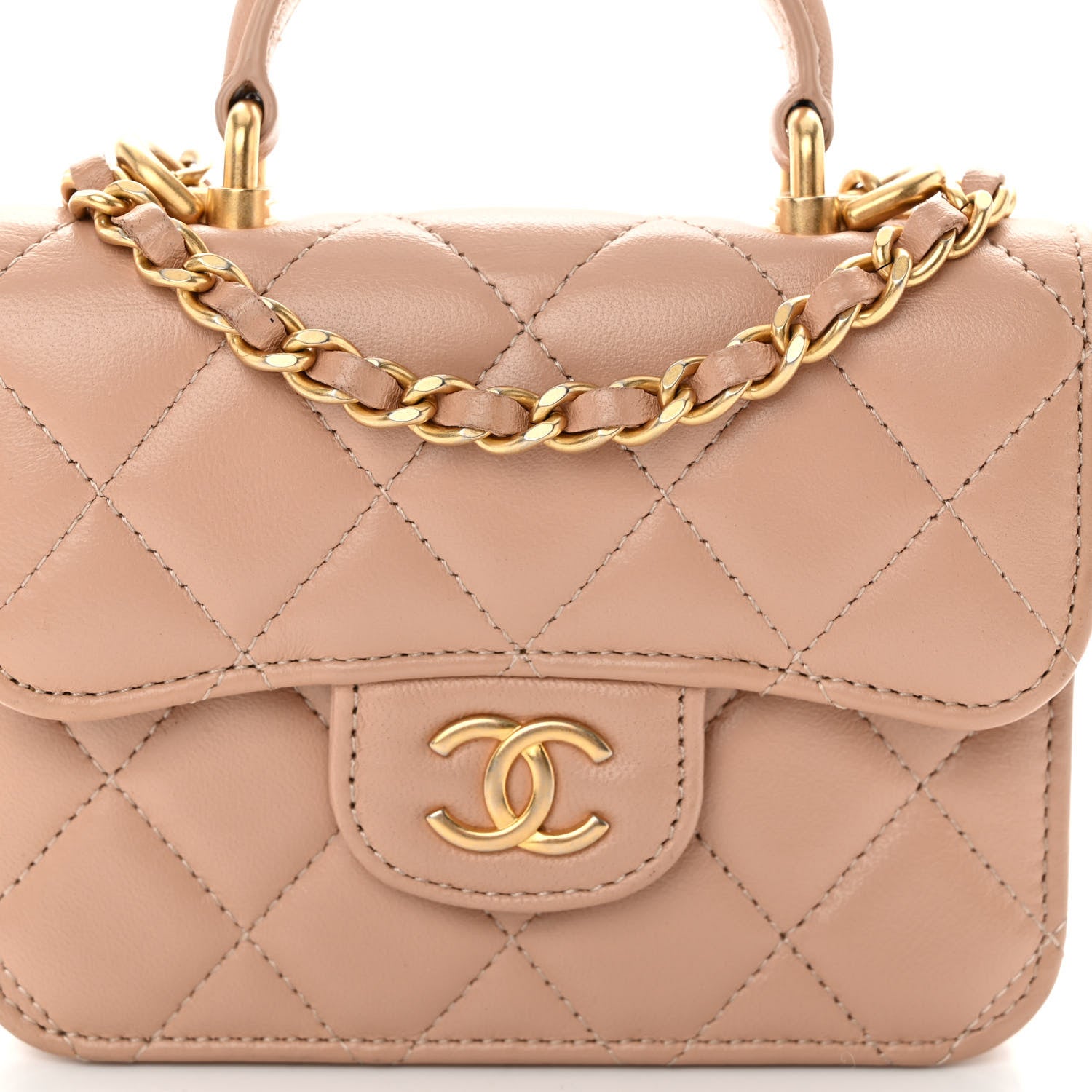 Chanel Lambskin Quilted Top Handle Flap Coin Purse With Chain Beige 9 of 11