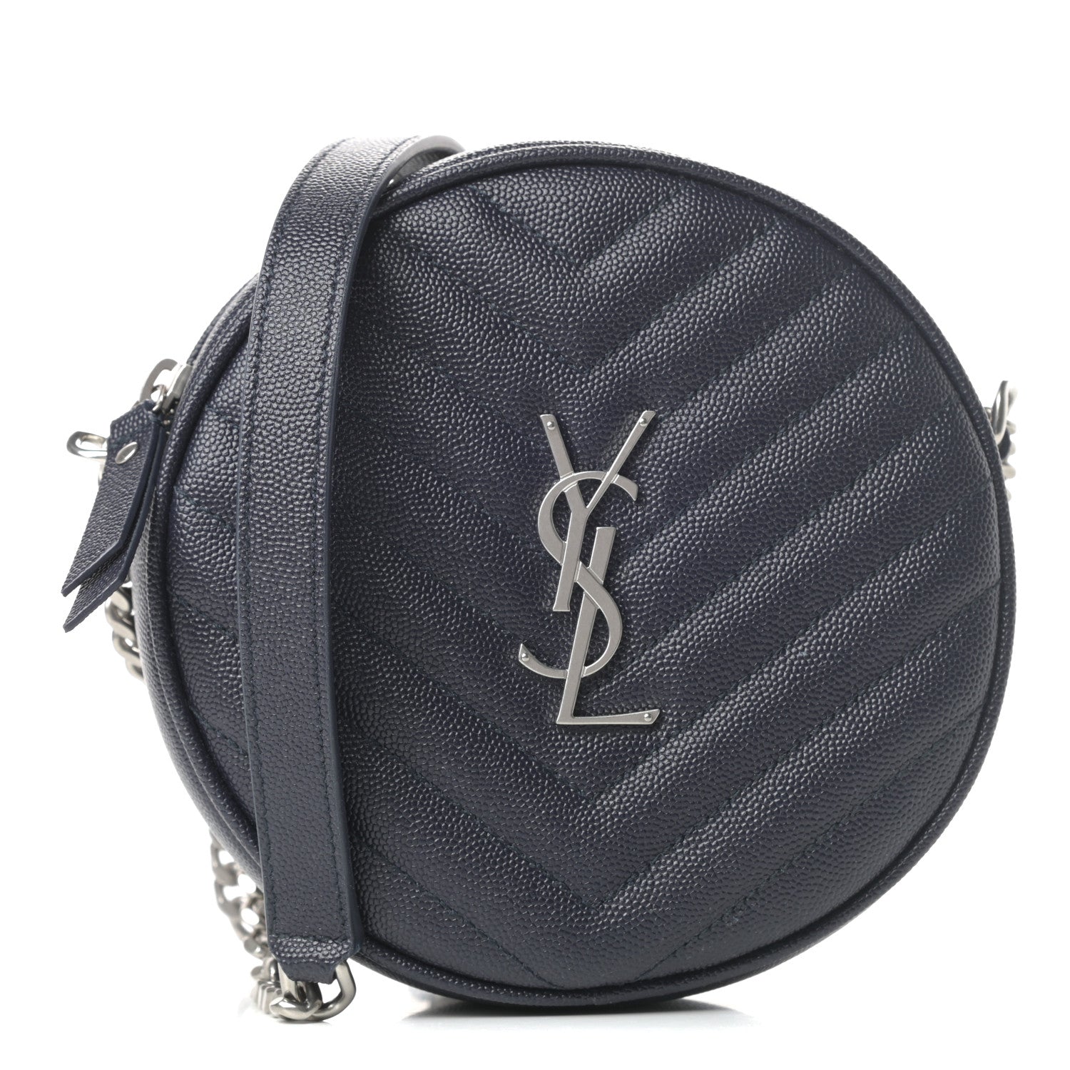 Saint Laurent Grain De Poudre Matelasse Chevron Quilted Round Vinyle Camera Bag Deep Marine 1 of 9