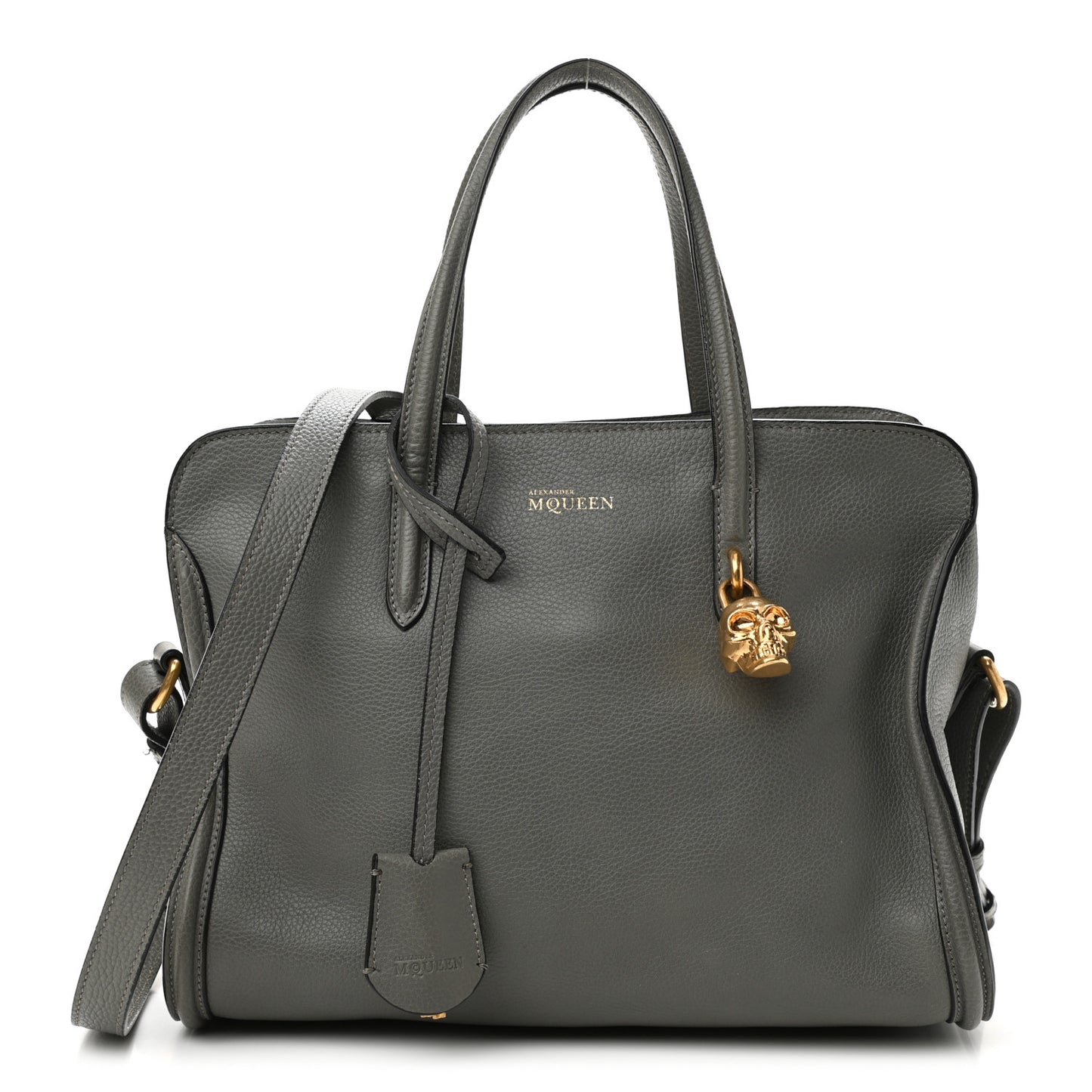 Pebbled Calfskin Small Skull Padlock Zip Around Tote Grey