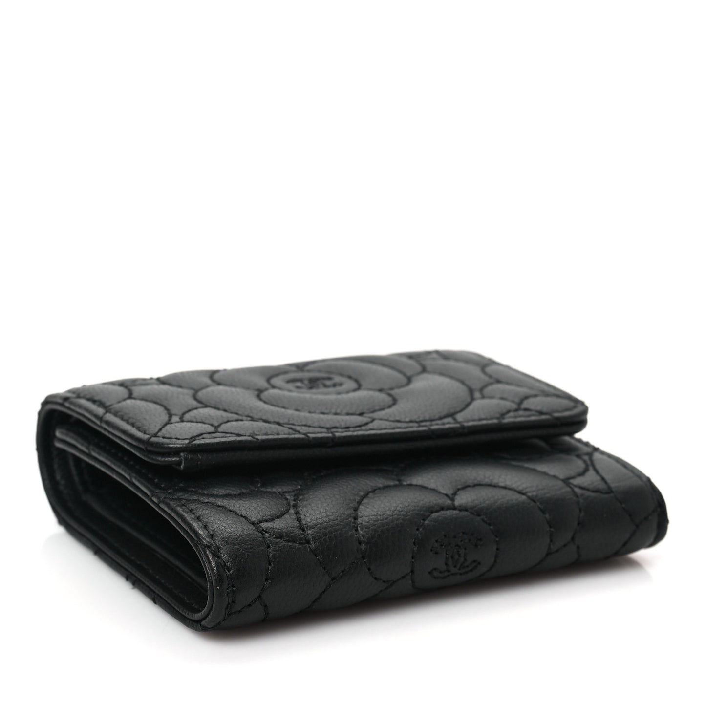 Caviar Camellia Embossed Compact Wallet Black