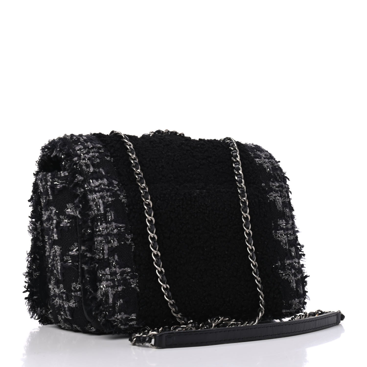 Chanel Shearling Tweed Medium Boy Flap Black Grey 2 of 9