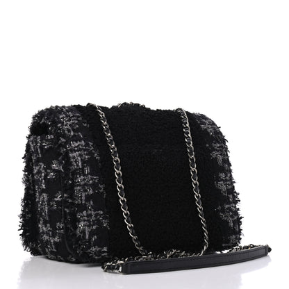 Chanel Shearling Tweed Medium Boy Flap Black Grey 2 of 9