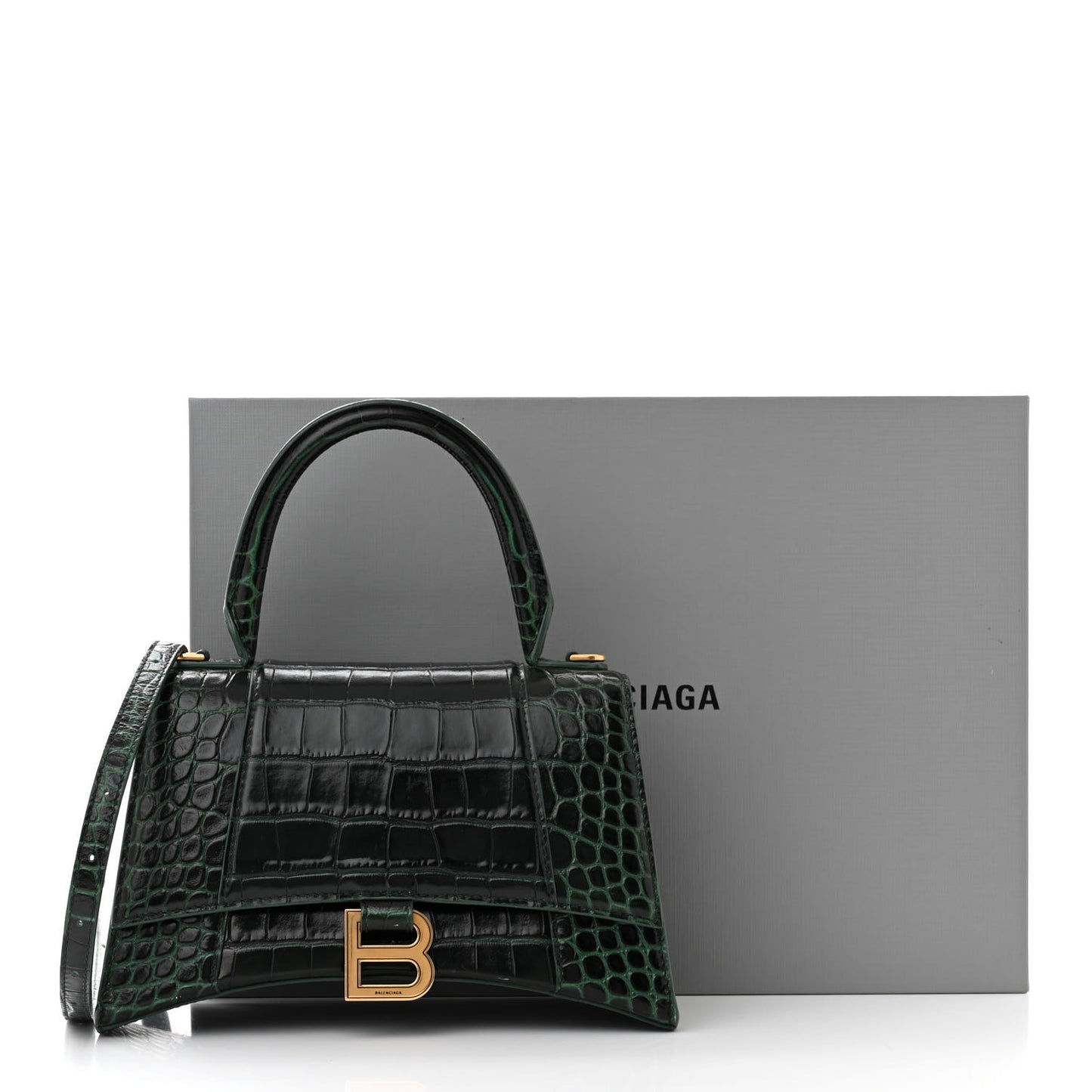Shiny Calfskin Crocodile Embossed Small Hourglass Top Handle Bag Forest Green