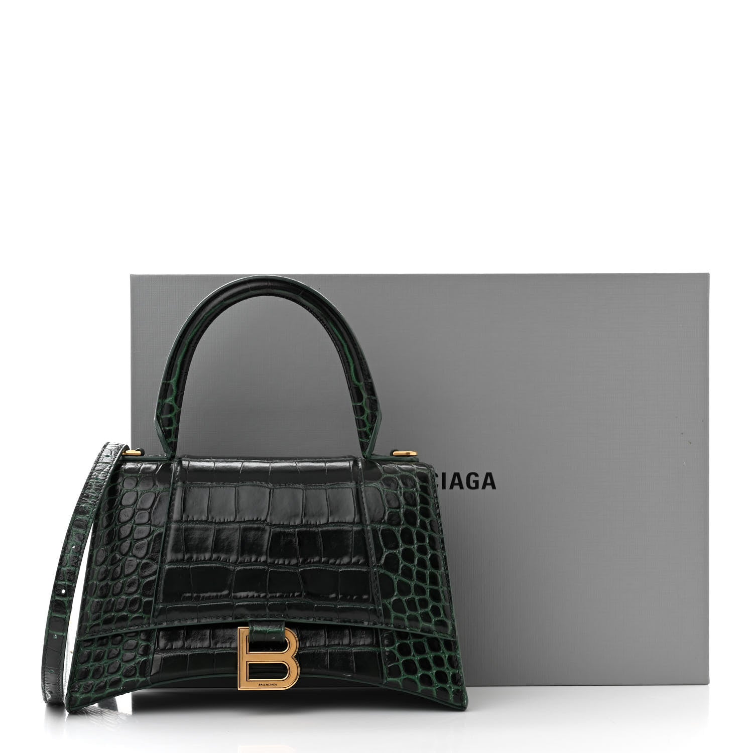 Balenciaga Shiny Calfskin Crocodile Embossed Small Hourglass Top Handle Bag Forest Green 14 of 14