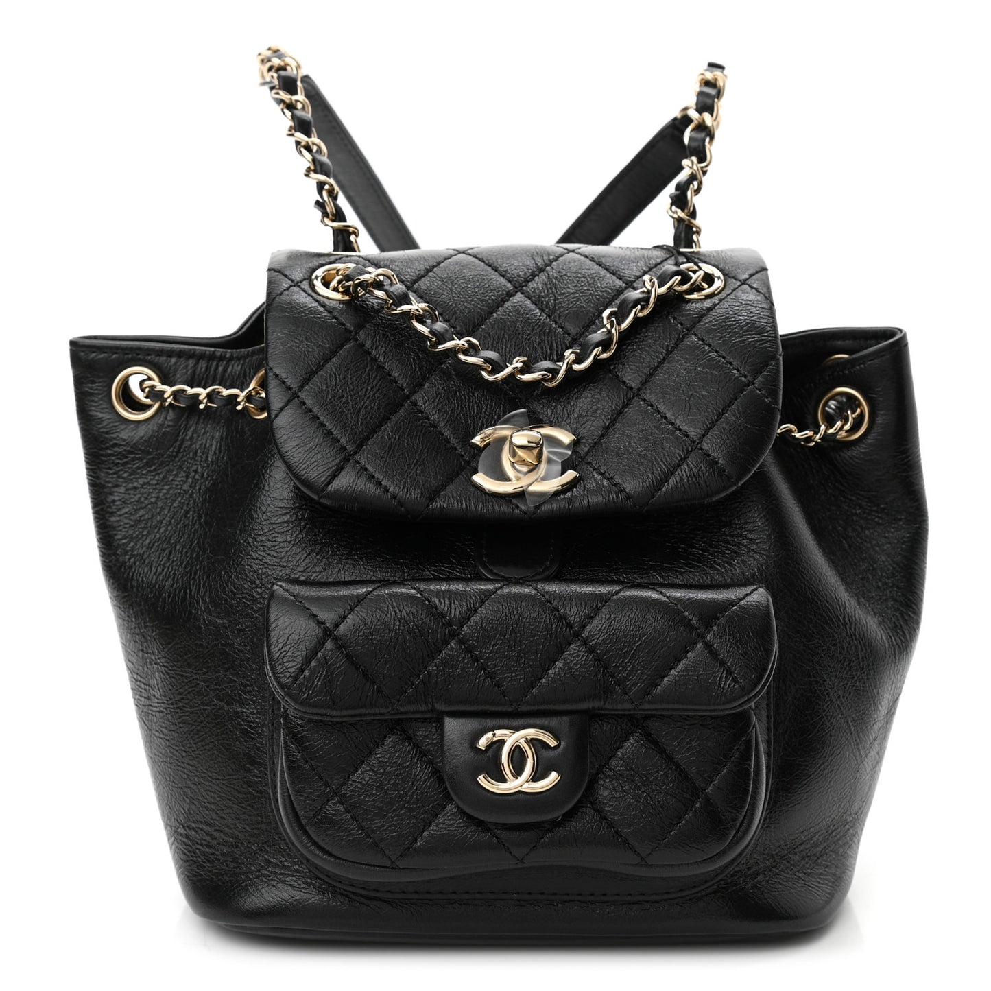 Glazed Aged Calfskin Quilted Small Duma Drawstring Backpack Black