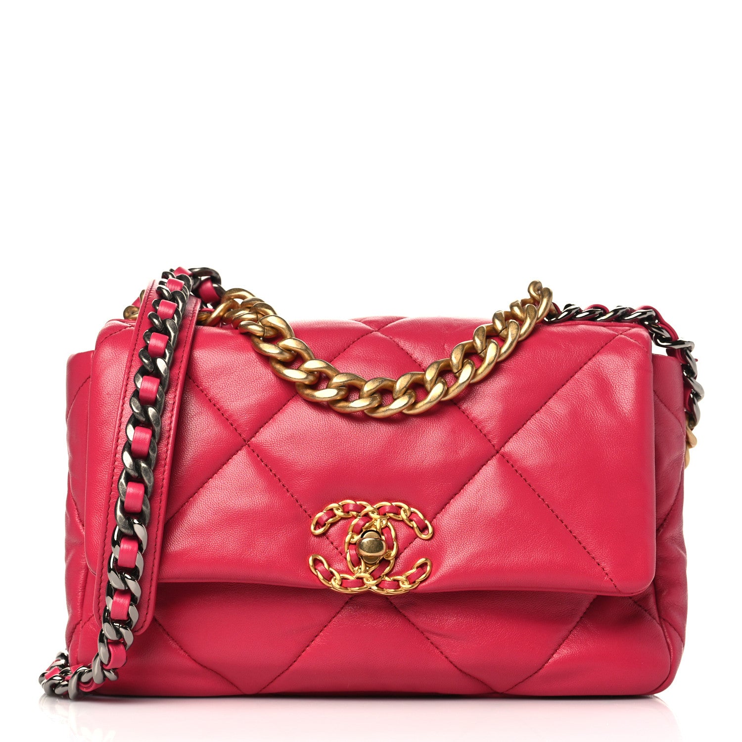 Chanel Shiny Goatskin Quilted Medium Chanel 19 Flap Dark Pink 1 of 9
