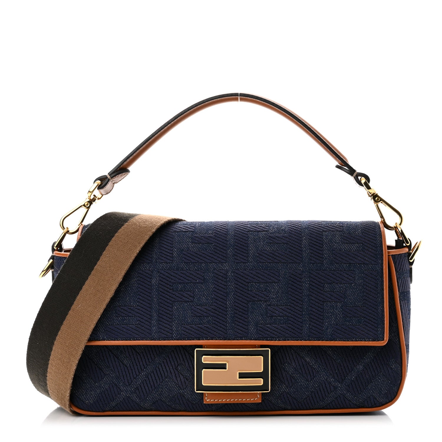 Fendi Denim Vitello King FF Embroidered Baguette Blue Cuoio 1 of 9