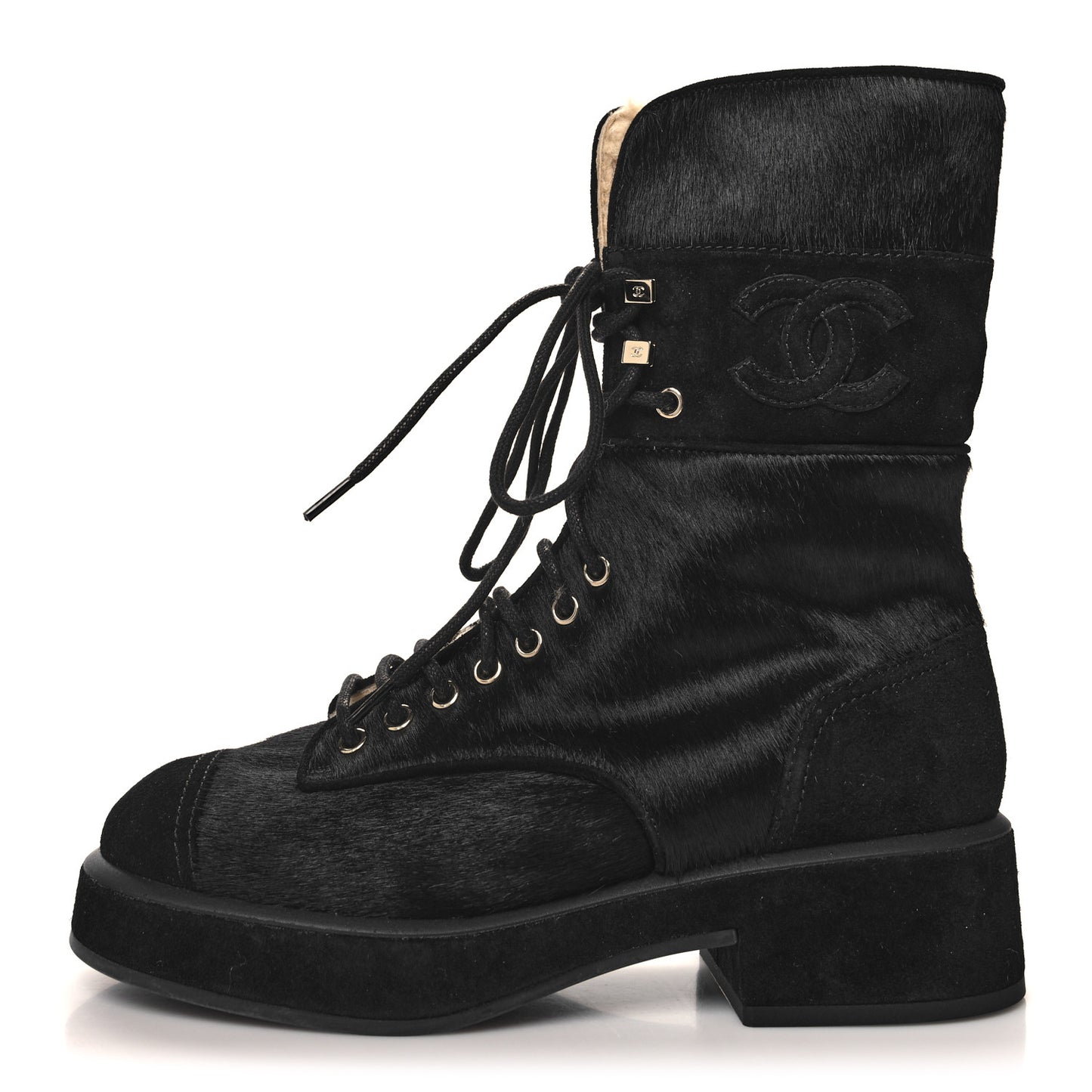 Suede Pony Hair Shearling Lace Up Combat Boots 38 Black White