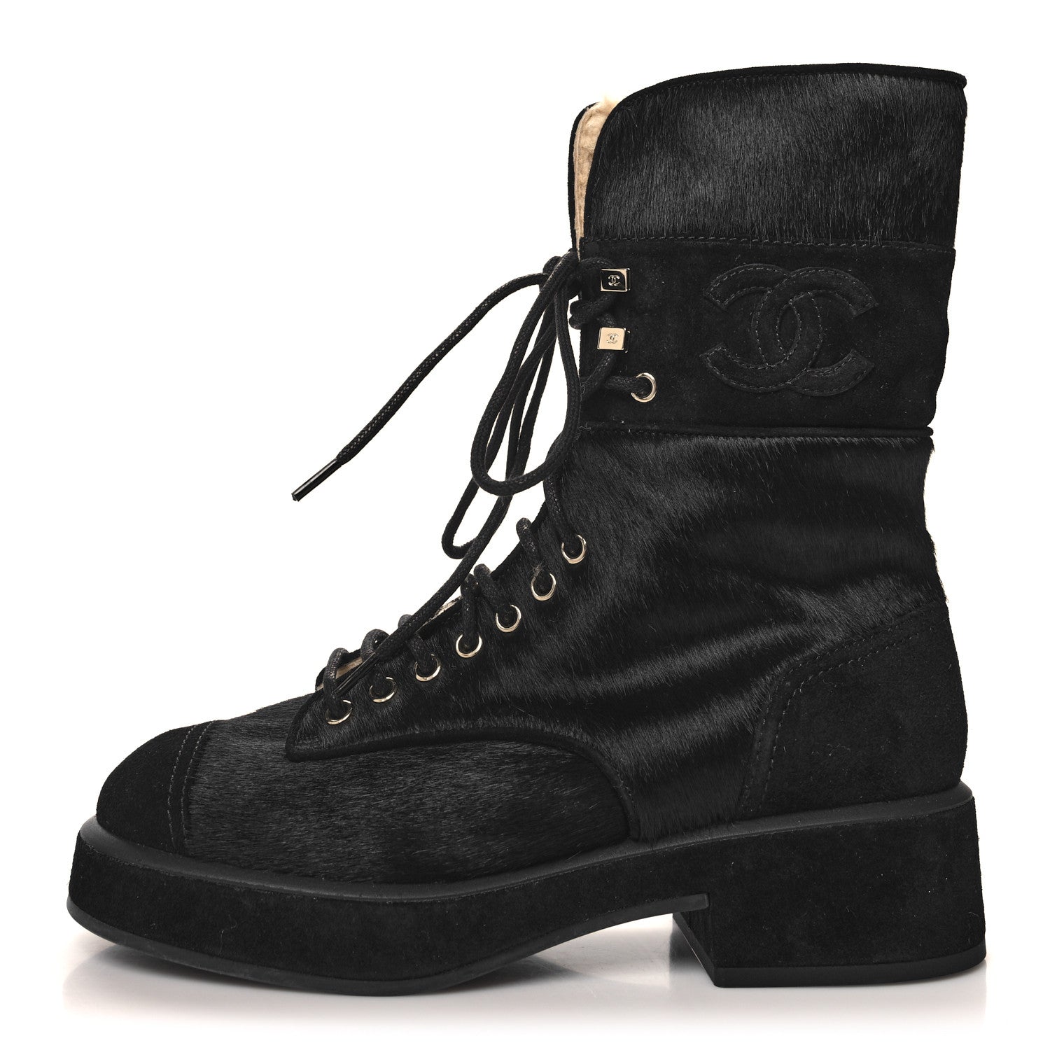 Chanel Suede Pony Hair Shearling Lace Up Combat Boots 38 Black White 1 of 11