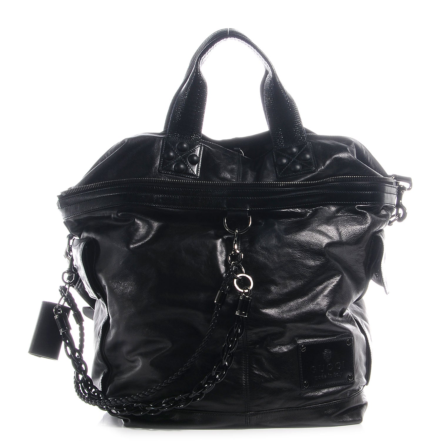 Gucci Mens Leather Large Crest Trademark Tote Black 1 of 9