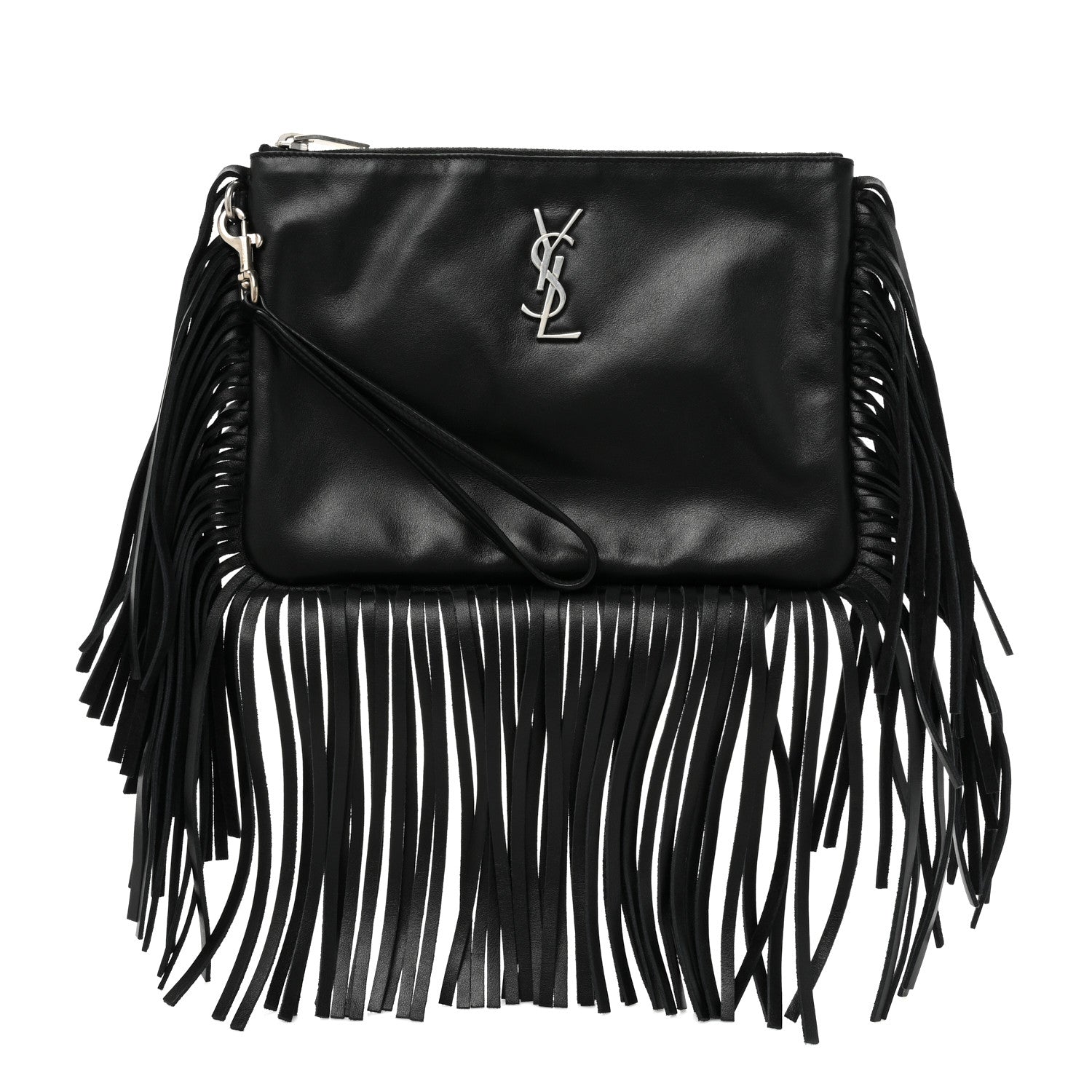 Saint Laurent Calfskin Monogram Fringe Pouch Black 1 of 9