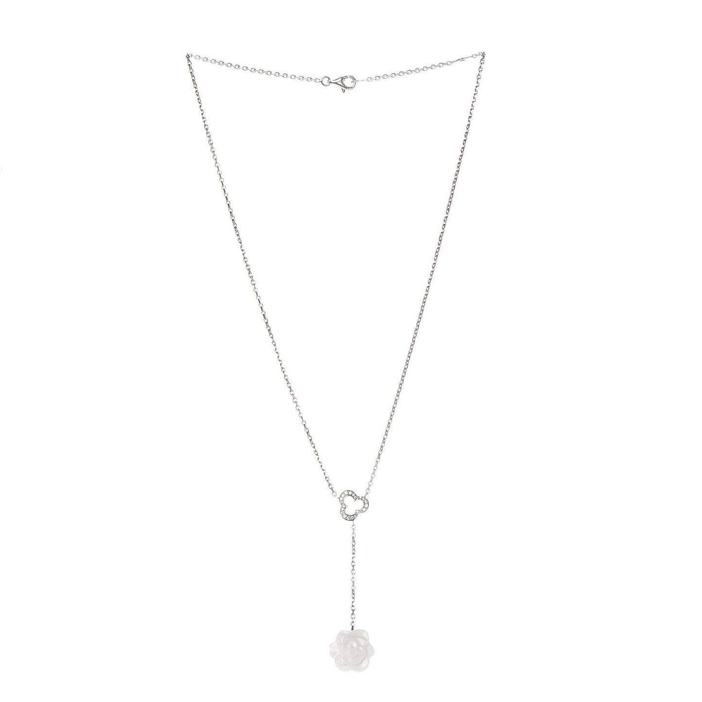 18K White Gold Diamond Agate Camelia Sculpte Pendant Necklace
