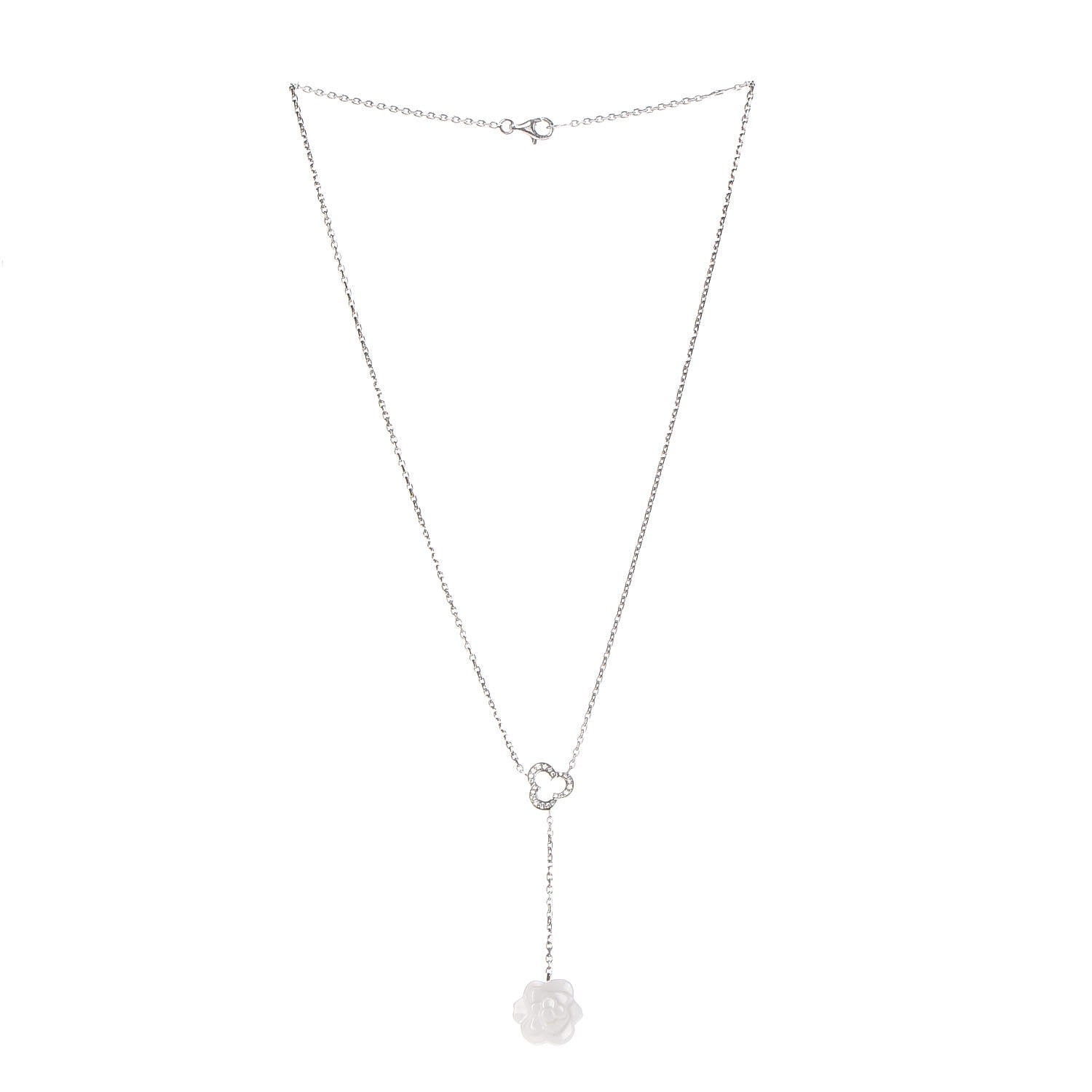 Chanel 18K White Gold Diamond Agate Camelia Sculpte Pendant Necklace 3 of 4