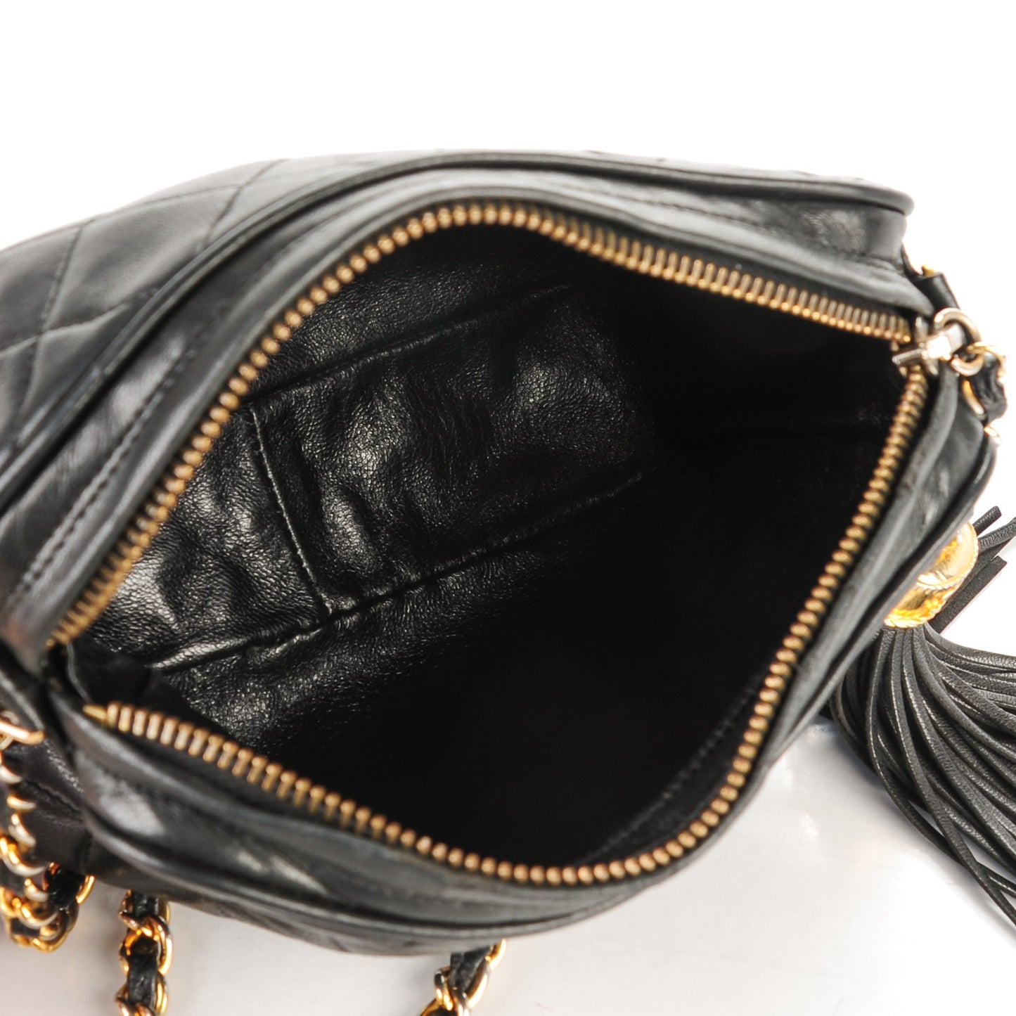 Lambskin Quilted Tassel Camera Case Black