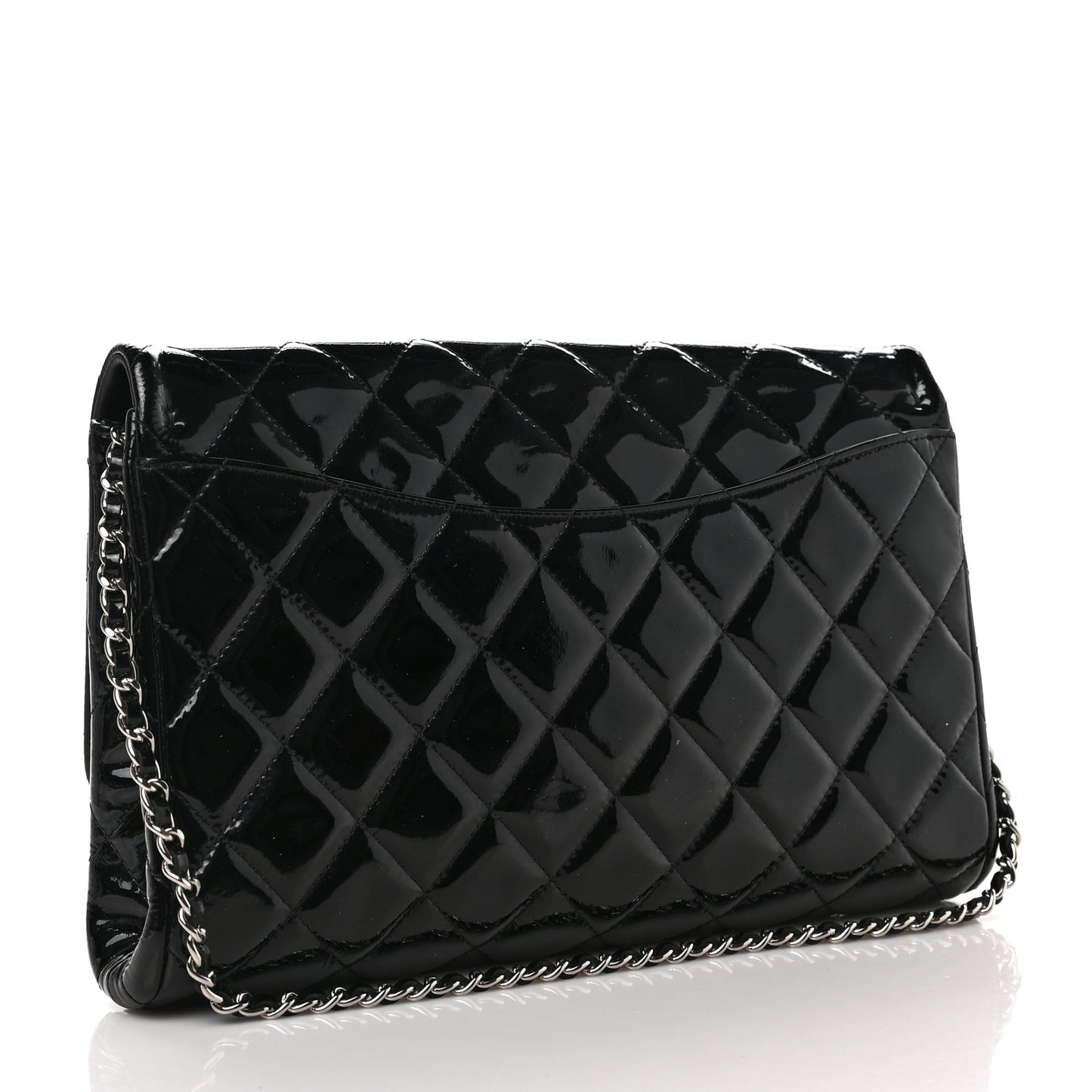 Patent Quilted Clutch with Chain Flap Black