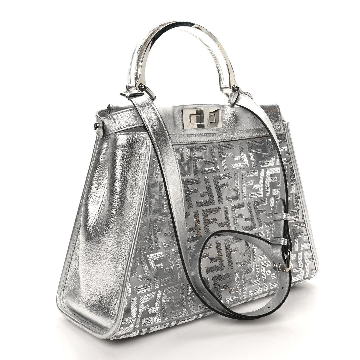 Fendi PVC Vitello Catalan Mirror Sequin FF Medium Peekaboo Iconic Satchel Argento 2 of 8