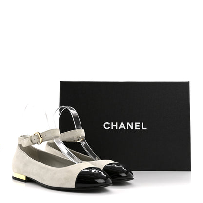 Chanel Suede Calfskin Patent Calfskin Cap Toe CC Mary Jane Flats 36.5 Light Gray Black 10 of 10