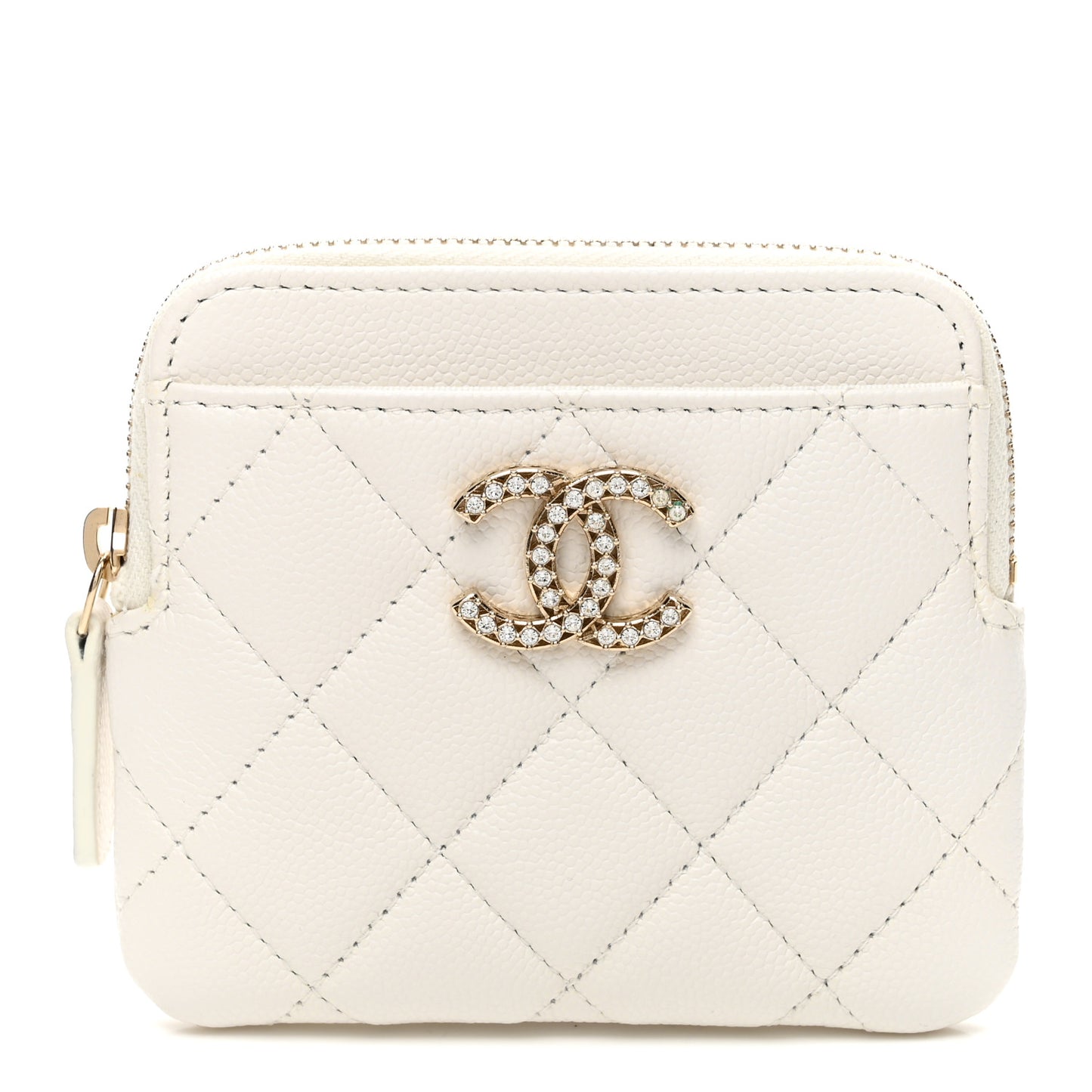 Caviar Quilted Crystal Zip Card Holder Wallet White