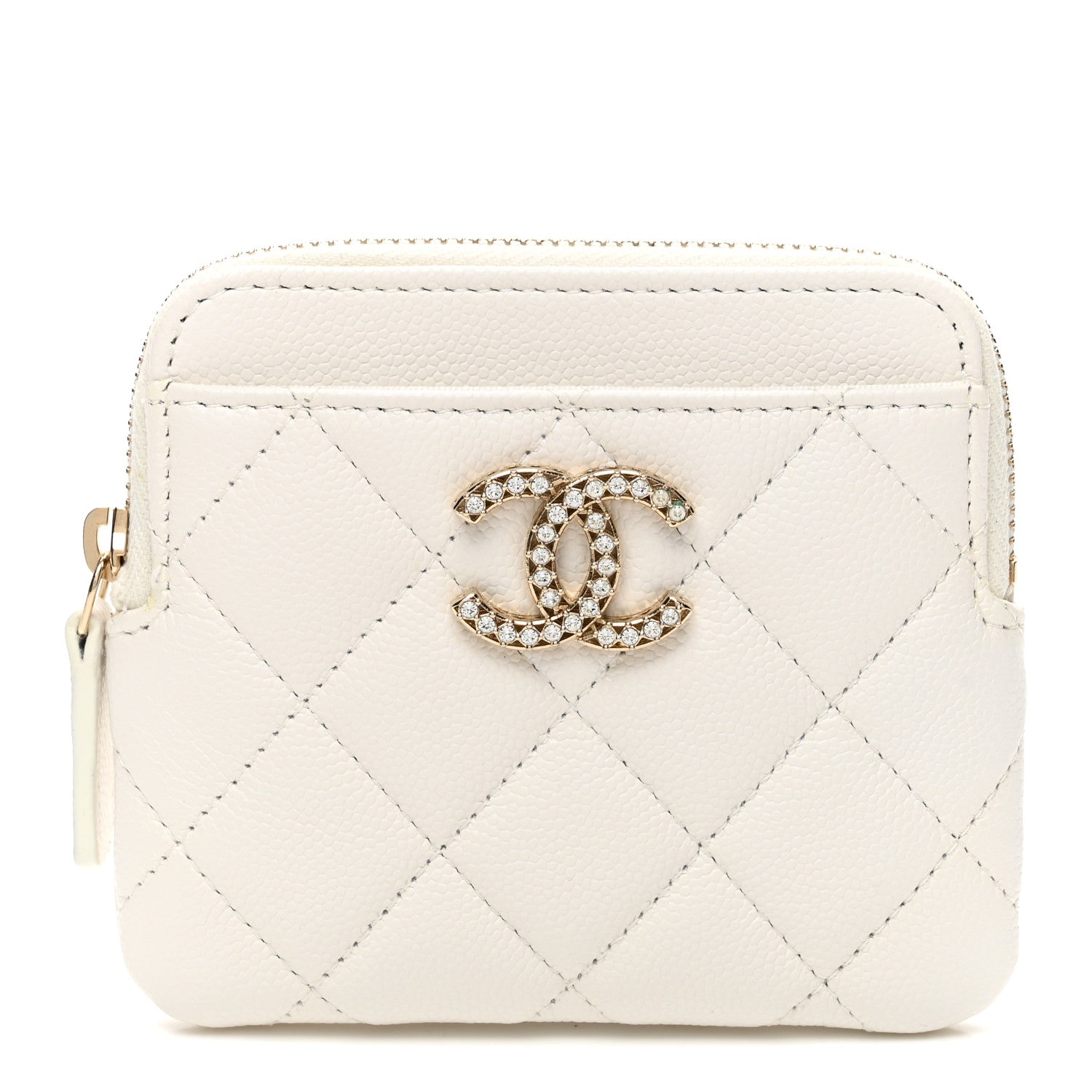Chanel Caviar Quilted Crystal Zip Card Holder Wallet White 1 of 7