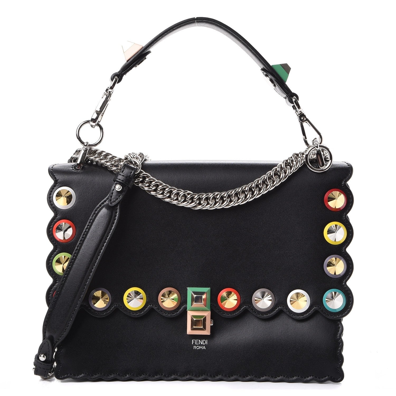 Fendi Vitello Liberty Scalloped Spike Studded Kan I Shoulder Bag Black Multicolor 1 of 7