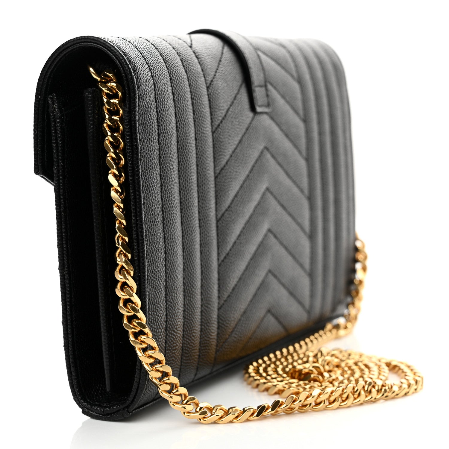 Saint Laurent Grain De Poudre Mixed Matelasse Triquilt Monogram Chain Wallet Black 3 of 12