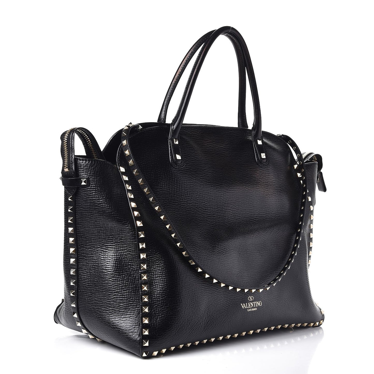 Textured Calfskin Rockstud Tote Black
