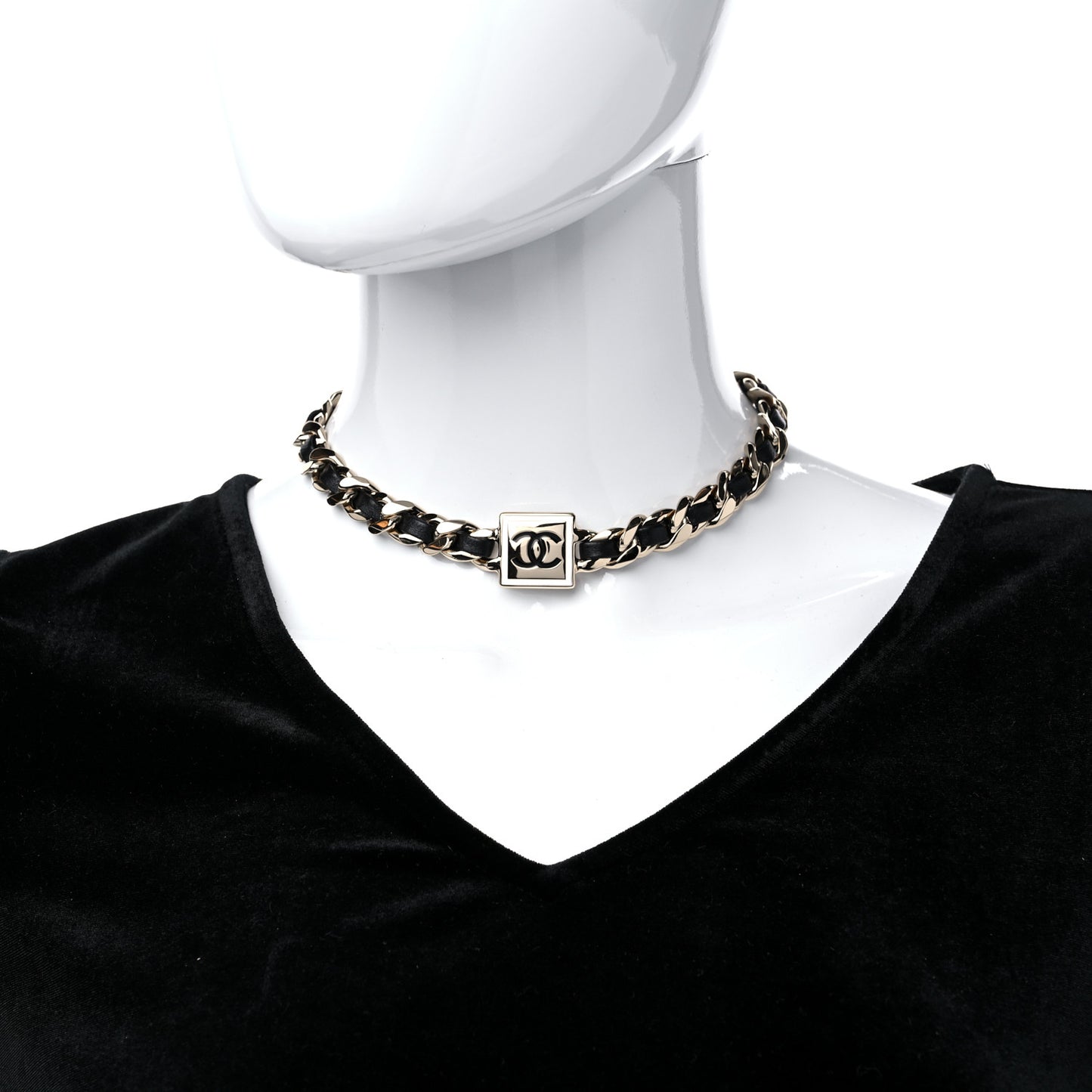 Metal Lambskin CC Square Choker Gold Black White