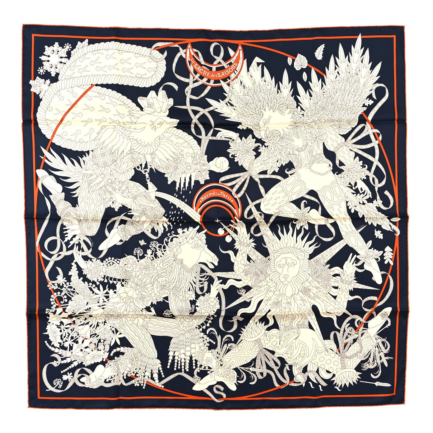 Silk Twill La Sacre Des Saisons Scarf 90 Bleu Black Creme Potiron